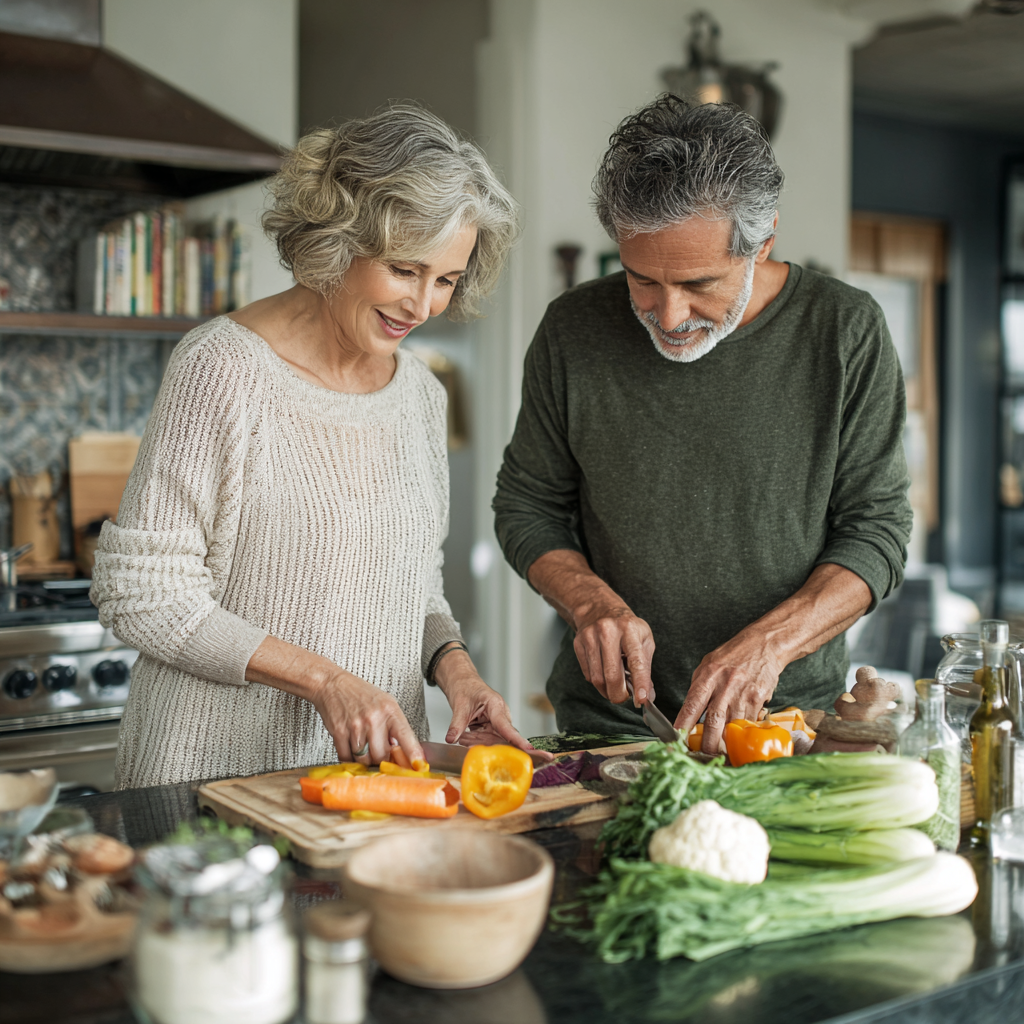 Mature couple preparing healthy meals together in modern kitchen