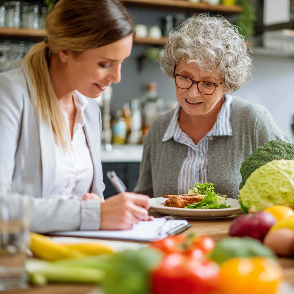 Professional nutritionist consulting with middle-aged client about meal planning